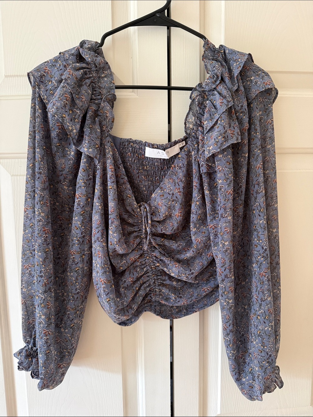 ASTR Blue Floral Ruched Crop Top with Ruffle Trim